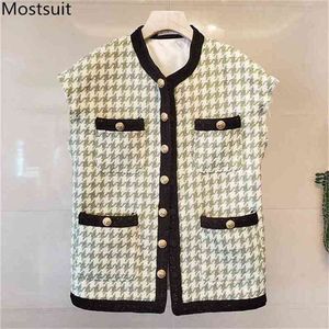 Höst Houndstooth Tweed Kvinnor Vestrockar Ärmlös O-Neck Single-Breasted Fickor Jackor Fashion Elegant Ladies 210513