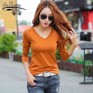 Autumn Long Sleeve Shirt Women Cotton Plus Size V-neck T-shirt Slim Casual Solid Korean Office Lady Clothes 10628 210510