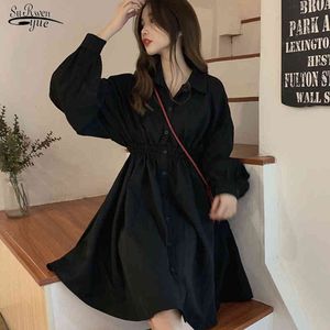 White Woman Dress Lantern Sleeve Solid Plus Size Dresses Vintage Single Breasted Women Shirts Vestidos 14510 210508