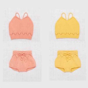 SS Kids Girls Summer Knitting Clothes Sets Misha Puff Bambini Crochet Sling Tops e Bloomers Baby Girl 210619