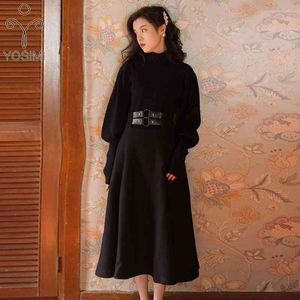 Yosimi Winter 2 Piece Set Kvinnor Outfits Black Lantern Sleeve Full Pullover Sweater Top och Woolen Skirt Mid-Calf 210604