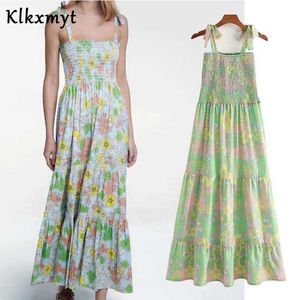 Klkxmyt za sommar klänning kvinnor mode blommig tryckta midi strappy vintage båge slips band ruffled hem kvinnan es 210527