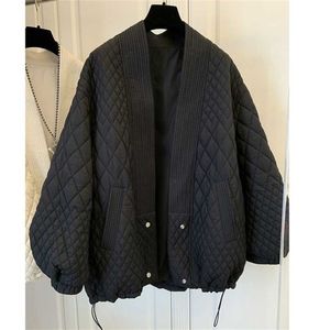 [EWQ] Simple Ladies Black Cotton-padded Coat Korean Beige Clothing Chic Plaid Down Parka Autumn Women Jacket Winter 16 211216