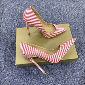 Mode 2022 rosa randiga tryckta kvinnor tunna skor stilett utmärkta höga klackar damer chic klänning sko slip på spetsiga tåpumpar storlek 33-45
