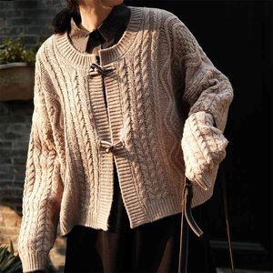 Johnature Women Horn Button Sweaters Cardigan Coats Mori Girl Spring Twist Pattern Cotton Blend Women Sweet Sweaters 210521