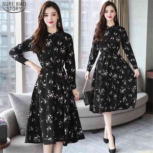 Autumn Winter Black Vintage Floral Chiffon Midi Dress Plus Size es Elegant Women Party Long Sleeve 7314 50 210506