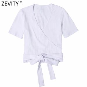 Women Simply Cross V Neck Hem Bowknot Chic T Shirt Ladies Candy Color Short Sleeve Casual Slim Crop Tops LS7551 210416