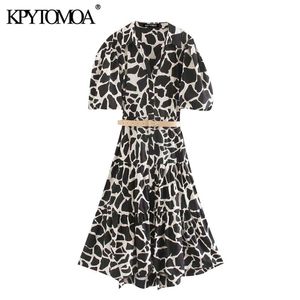 Mulheres Chic Moda Animal Impressão com Cinto Midi Dress Manga Curta Ruffled Vestidos Femininos Vestidos Mujer 210420