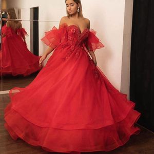 Charming Red Evening Dress Pearls Unique Design Sweetheart Short Sleeve A-line Prom Gown For Special Occasions Custom Made Robe De Mariée