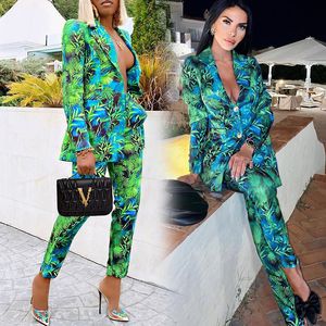 2021 Höst Kvinnor Pant Passar Grön Jungle Print Blazer Vintage Streetwear Långärmad Coat och High Waist Broouser 2 Piece Set