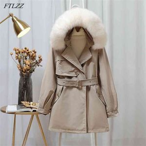 Winter Women Snow Big Real Fur Collar Hooded Beige Down Parka 90% White Duck Long Coat Strretwear Windbreaker Outwear 210430