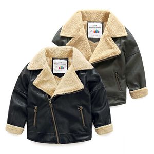 Winter Warm Fashion 3 4 6 8 10 12 Years Black Faux Leather Plus Velvet Thickening Zipper Jacket Outwear For Kids Baby Boy 210529