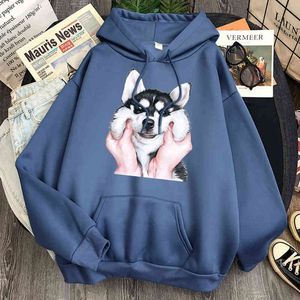 Kreskówka Husky Dog Print Bluzy Mężczyzna Z Długim Rękawem Harajuku Kieszonkowy Z Kapturem Kobiety Moda Wygodne Kapturem Hip Hop Punk Bluzy H1227