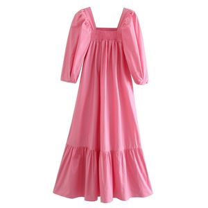 Holiday Style Elastic Square Collar Maxi Long Dress Bohemian Woman Pleated Ruched Puff Sleeve Loose Dresses Female Pink 210429