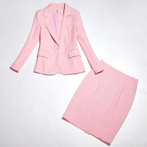 スモールスーツのスカート2ピースワーク服インタビュー婦人服高品質スリムピンクレディースブレザーエレガント210527