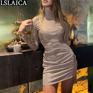 Long Sleeve Dress Ruched Skinny Sexy & Club Women Fashion Sale Solid Color Mini Womens es Arrival 210515