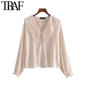 Women Fashion With Embroidery Collar Loose Blouses Vintage V Neck Long Sleeve Female Shirts Blusas Chic Tops 210507