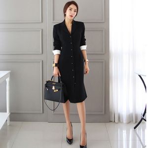 Spring Autumn Women Elegant Single-Breasted Long Sleeve V Neck Blazer OL Work Wear Office Lady Black Midi Party Dress 210416