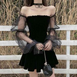 Moda-moda malha costura bolha manga vestidos mulheres primavera outono strapless cintura inchado vestido preto