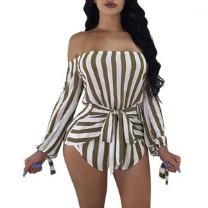 Jumpsuits Femininos Macacões Elegantes Bar 2021 Verão Mulheres Manga Longa Ombro Bow Playsuit Beach Jumpsuit Senhoras Stripe Clubwear