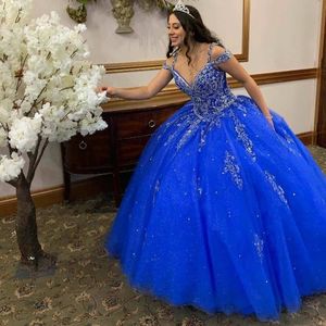 Удивительное бальное платье Quinceanera платья с v-образным вырезом и открытыми плечами, расшитое бисером, хрустальными пайетками, длинное милое платье для девочек 15-16 лет, большие размеры