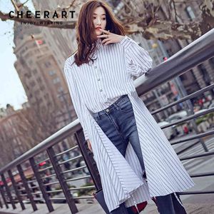 Streetwear White Striped Blouse Långärmad sida Split Front Short Back High Low Shirt Kvinnor Mode 210427