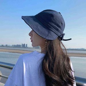 Summer Casual Sun Hat Korean Style Sweet Bows Fisherman Hats Women Outdoor Sun Protection Panama Cap Foldable Anti-UV Caps Gorra G220301