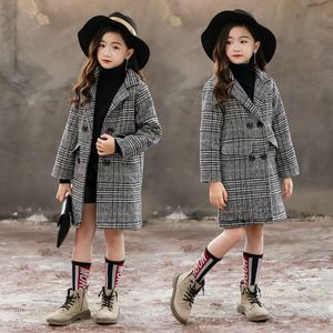 Girls Coat Autumn Winter Korean Big Children's Woolen coat Pocket version gray plaid houndstooth Outerwear Clothes LJ201125 89 Z2