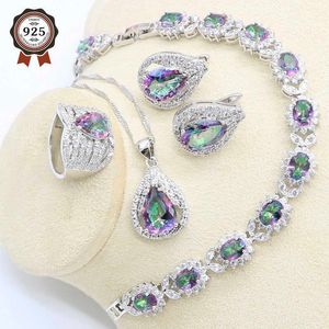 Arco-íris Zircon cor de prata jóias conjunto para mulheres aniversário de casamento com brincos pulseira colar pingente anel caixa de presente H1022