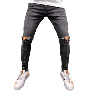 Ripped Hole Dżinsy Dla Mężczyzn Moda Streetwear Zipper Casual Ołówek Spodnie Traved Hip Hop Denim Spodnie Slim Fit Men Odzież X0621