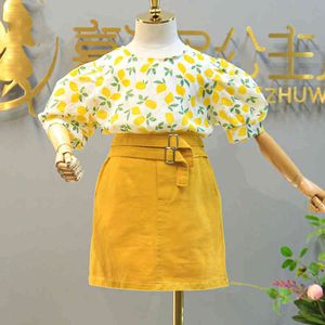 Girls Set Summer Floral Puff Sleeve Top + Denim Skirt Two-piece Fashion Children's Clothes 3-7Y 210515