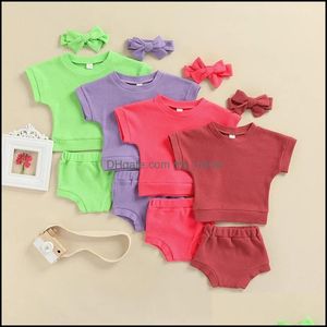 Giyim Setleri Bebek Çocuk Bebek, Annelik Kızlar Katı Renk Kıyafetleri Bebek Yürüyor Üstleri + Korkular + Kafa 3 adet / takım Yaz Moda Butik Clo