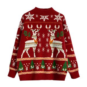 Красный вязаный свитер o шеи с длинным рукавом свободные пуловеры осень зима лось лоси Рождество M0382 210514