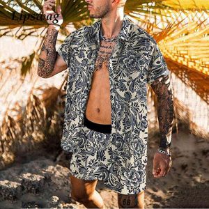 Rahat Çiçek Baskı Gevşek Kıyafet Erkek 2021 Yaz Moda Iki Parçalı Set Erkekler Yaka Gömlek Ve Şort Mens Giysileri Streetwear G1222 Suits