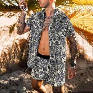 Casual Floral Impressão Solta Outfit Masculino 2021 Verão Moda Dois Peça Set Homens Camisa de Lapela de Homens e Shorts Suits Mens Roupa Streetwear G1222