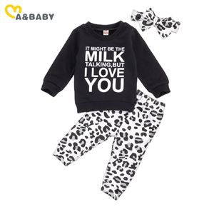 0-24M Autumn born Infant Baby Girls Clothes Set Long Sleeve Black Sweatshirt Tops Leopard Pants Headband Outfits 210515