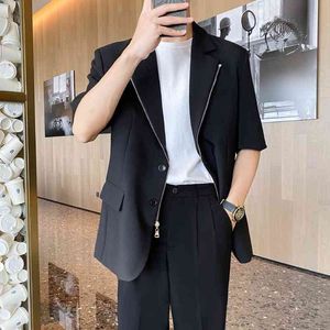 Summer Loose Men Blazers 3/4 Sleeve Zipper Casual Suit Jacket Fashion Wedding Business Blazer Street Wear Social Dress Coat 210527