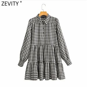 Kvinnor Mode Plaid Print Platser Skjorta Klänning Kvinna Chic Puff Sleeve Fickor Casual Business Mini Vestido DS8315 210416