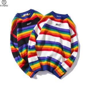 Nowy Moda 2020 Wiosna Retro Mężczyźni Sweter Okrągły Sweter Neck Sweter Rainbow Pary Paski Sweter Mężczyźni I Kobiety Loose Tops Y0907