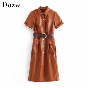 Women Streetwear Solid PU Leather Dress Pleated Short Sleeve Sashes Lady Knee Length Dresses Turn Down Collar Pockets Vestido 210515