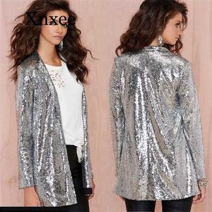 Silver Sequin Blazers Jacket Gold Bling Silver Black Women Långärmad Elegant kostym Coat Night Club Glitter Glänsande Punk Outwear 211122