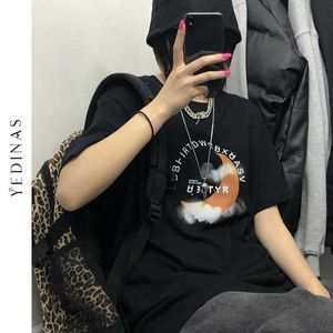 Yedinas Plus Size Print T Shirt Women Short Sleeve -shirt Casual Loose Oversized Balck Graphic ee ops Female Summer 210527