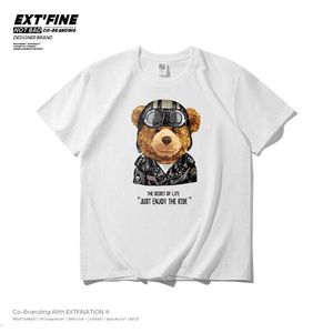 EXTFINE 100％コットンモトベアプリントメンズTシャツHIPHOP漫画ティーストリートウェアバイカーTシャツ男性Tシャツ原宿210629