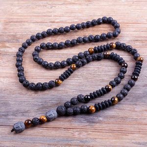 Design Black 6mm BLava Stones Wood Men's Hematite Buddha Bead Necklace