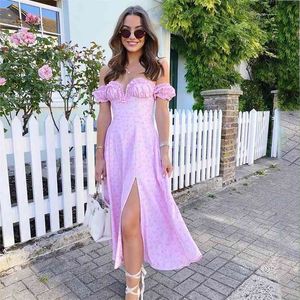 Ruffle Off Shoulder Vintage Summer Dress Women Boho Slit Floral Print Long A-line Pink Sundress 210427