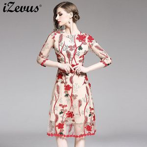 Casual Dresses Izevus Dress Luxury Brodery Mesh Festa Female Red Floral Robe High Quality Designer Cocktail Wedding Party Vest