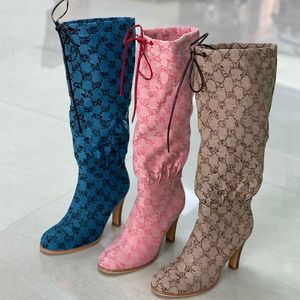 Women Boots Designer Boot Fashion Combat Boot Canvas Zipper Justerbara remmar Casual Shoes Stiletto Heel Ankel Boot Knee-High med Box 335