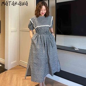 MATAKAWA Langes Vestido De Mujer Korea Chic Vintage Sommerkleid Seemannskragen Krawatte Taille Frau Kleid Puffärmel Blumenrobe Femme 210513