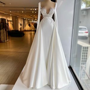 Elegantes Satin-Meerjungfrauen-Abendkleid mit abnehmbarer Schleppe, Spitzen-Abschlussballkleider, Perlenperlen, lange Ärmel, Partykleider