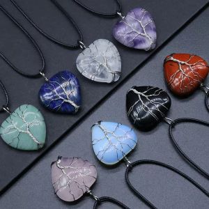 Natural Stone Pendant Necklaces Wire Wrap Tree of Life Heart Pendulum Opal Quartz Pink Purple Crystal Necklace Reiki Healing
